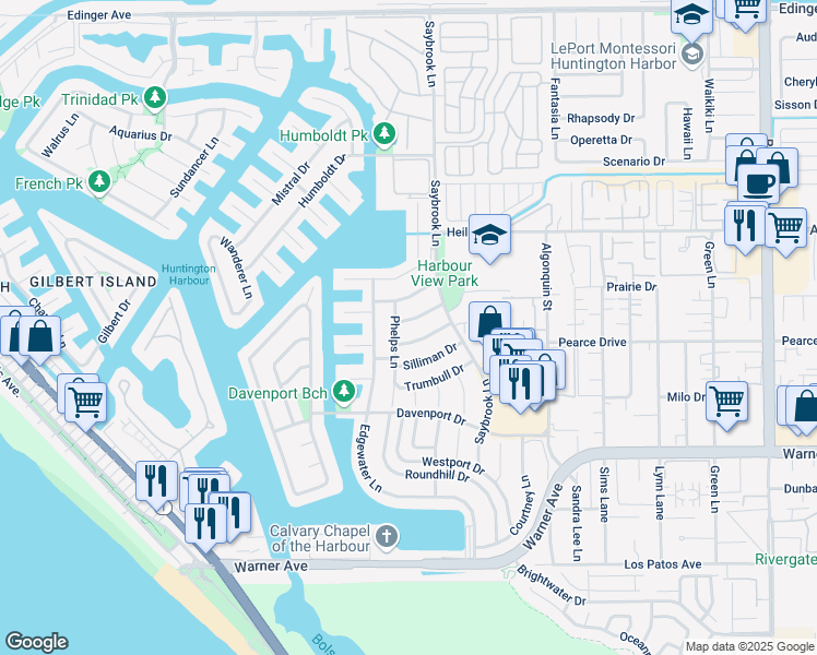 map of restaurants, bars, coffee shops, grocery stores, and more near 4152 Branford Drive in Huntington Beach
