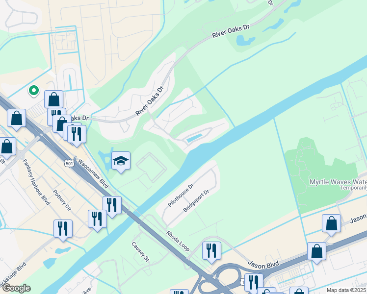 map of restaurants, bars, coffee shops, grocery stores, and more near 607 Waterway Village Boulevard in Myrtle Beach