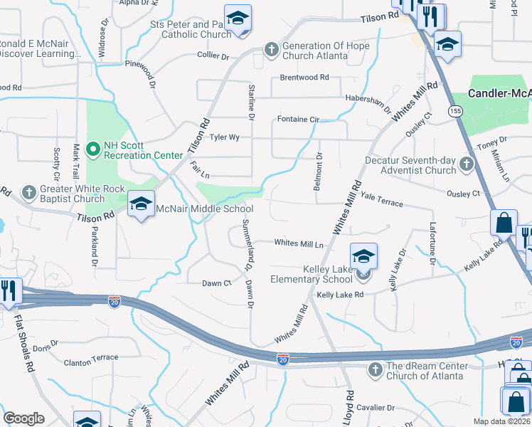 map of restaurants, bars, coffee shops, grocery stores, and more near 2366 South Eiffel Court in Decatur