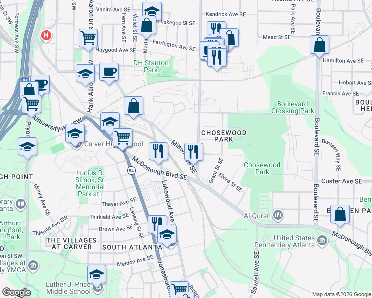 map of restaurants, bars, coffee shops, grocery stores, and more near 256 Milton Avenue Southeast in Atlanta