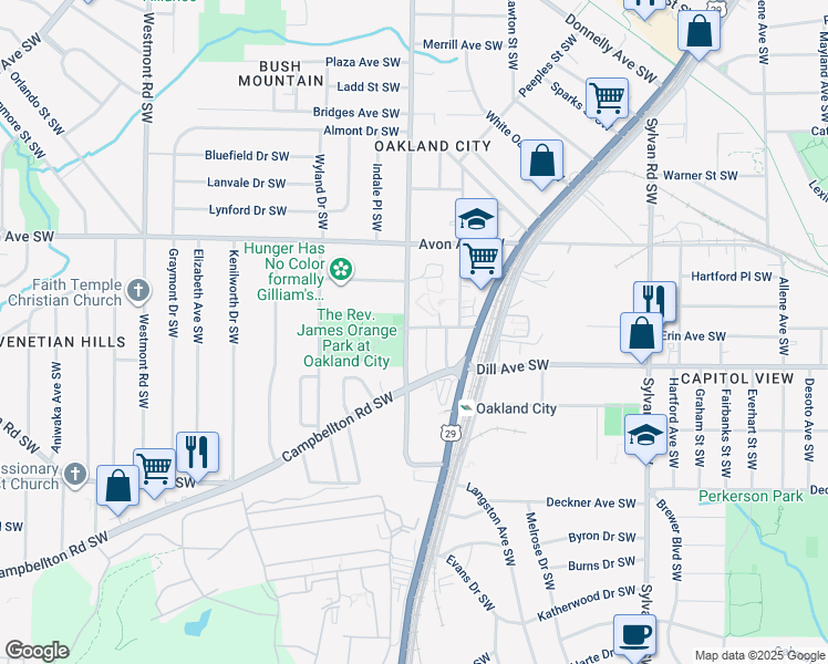 map of restaurants, bars, coffee shops, grocery stores, and more near 1275 Oakland Drive Southwest in Atlanta