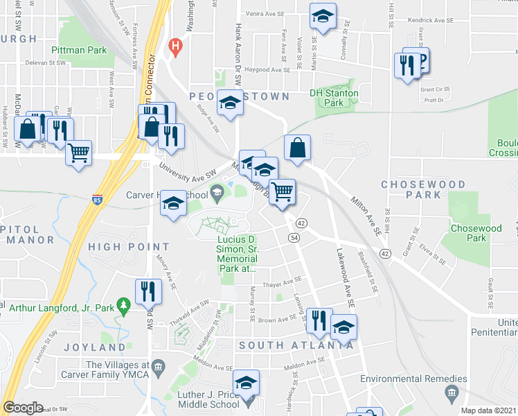 map of restaurants, bars, coffee shops, grocery stores, and more near 1293 Marcy Street Southeast in Atlanta