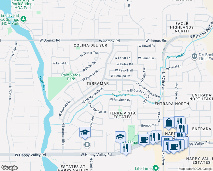 map of restaurants, bars, coffee shops, grocery stores, and more near 6974 West Honeysuckle Drive in Peoria