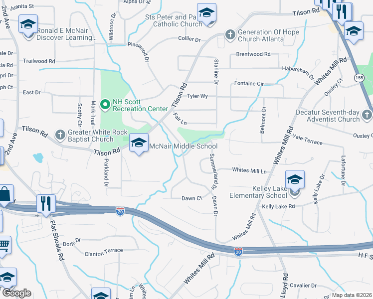 map of restaurants, bars, coffee shops, grocery stores, and more near 2381 Dawn Drive in Decatur