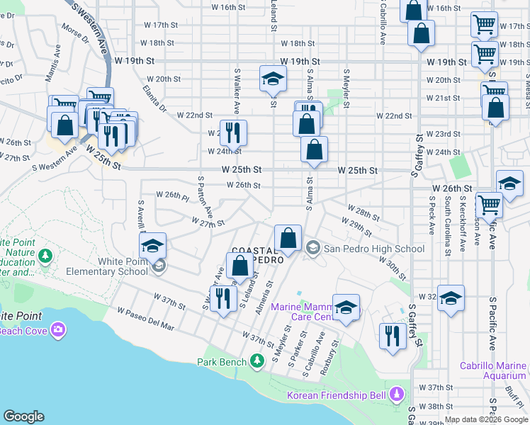 map of restaurants, bars, coffee shops, grocery stores, and more near 2741 South Walker Avenue in Los Angeles