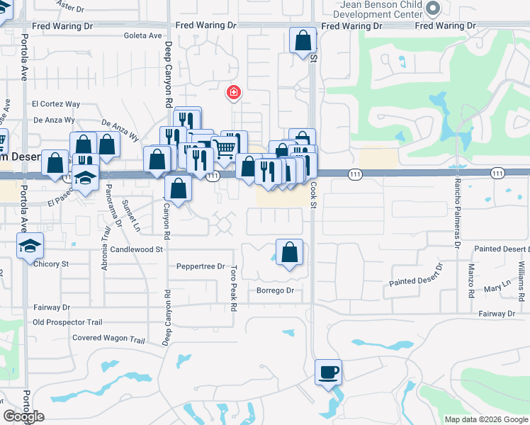 map of restaurants, bars, coffee shops, grocery stores, and more near 74-903 California 111 in Indian Wells