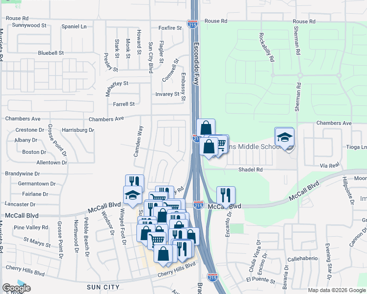 map of restaurants, bars, coffee shops, grocery stores, and more near Brentwood Lane in Menifee