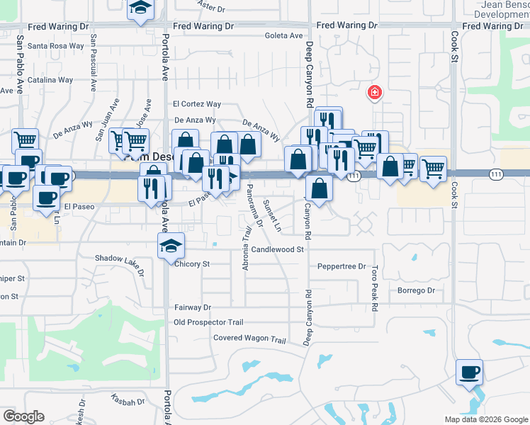 map of restaurants, bars, coffee shops, grocery stores, and more near 45313 Sunset Lane in Palm Desert