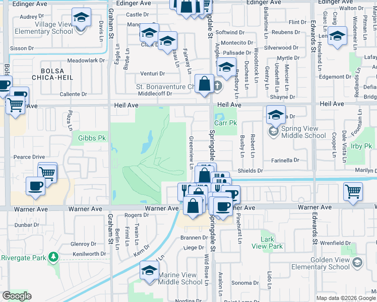 map of restaurants, bars, coffee shops, grocery stores, and more near 16711 Greenview Lane in Huntington Beach