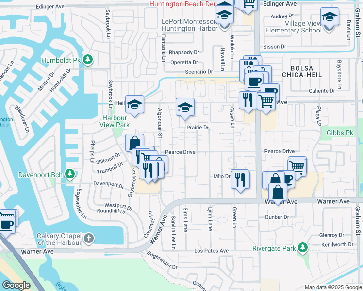 map of restaurants, bars, coffee shops, grocery stores, and more near 16701 Sims Lane in Huntington Beach