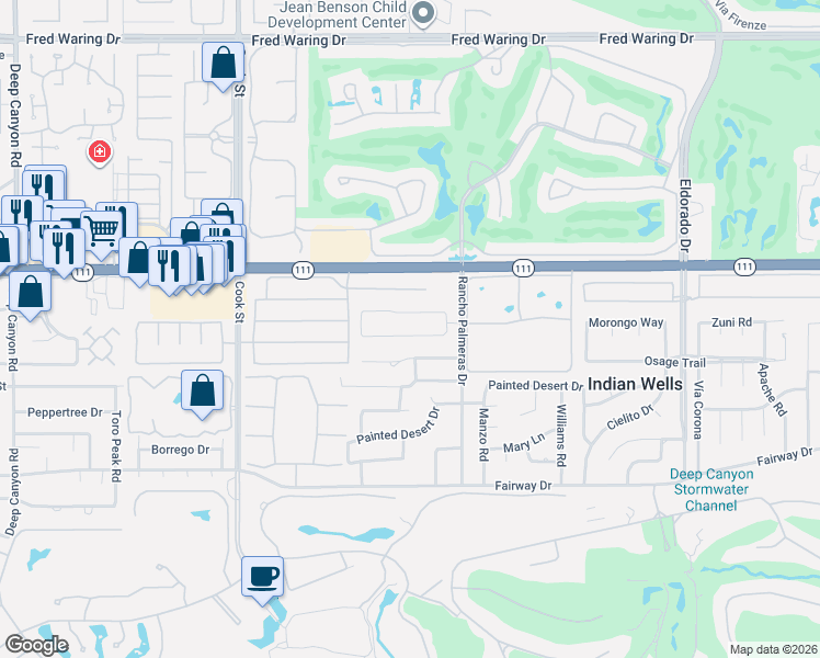 map of restaurants, bars, coffee shops, grocery stores, and more near 75396 Stardust Lane in Indian Wells