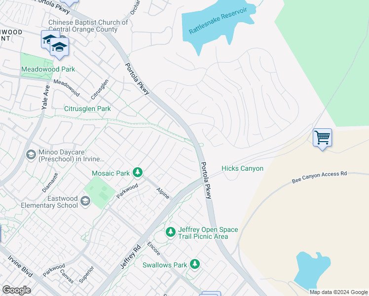 map of restaurants, bars, coffee shops, grocery stores, and more near 111 Lovelace in Irvine