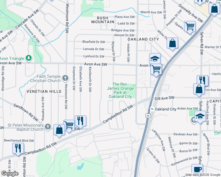 map of restaurants, bars, coffee shops, grocery stores, and more near 1278 Epworth Street Southwest in Atlanta