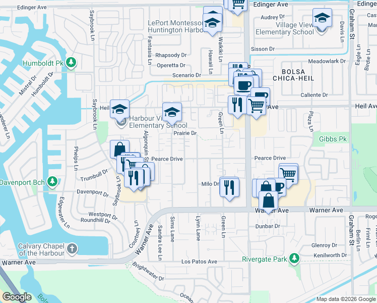 map of restaurants, bars, coffee shops, grocery stores, and more near 16702 Blanton Lane in Huntington Beach