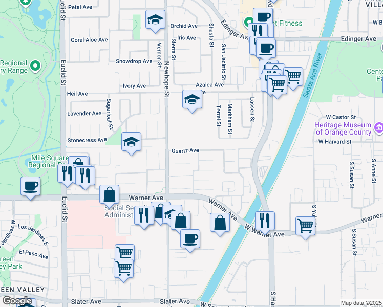 map of restaurants, bars, coffee shops, grocery stores, and more near 11620 Quartz Avenue in Fountain Valley