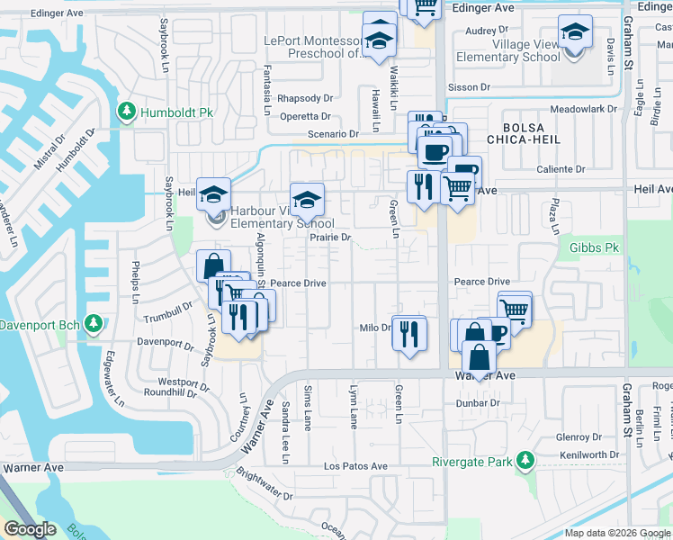 map of restaurants, bars, coffee shops, grocery stores, and more near 16671 Blanton Lane in Huntington Beach