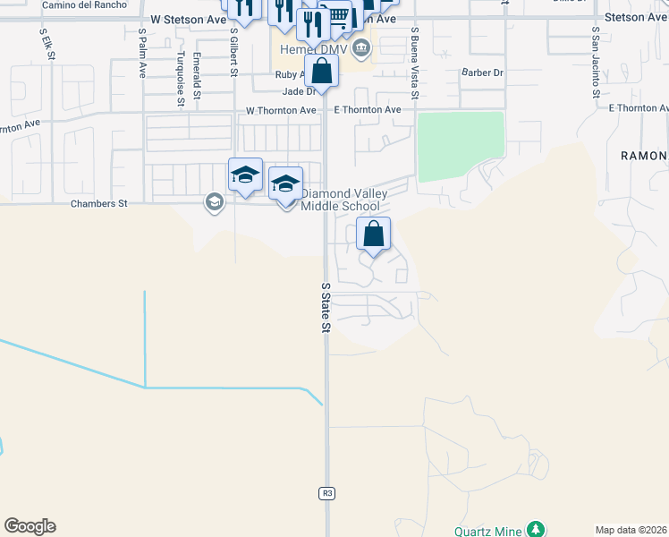 map of restaurants, bars, coffee shops, grocery stores, and more near 1536 South State Street in Hemet