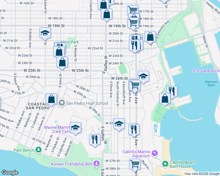 map of restaurants, bars, coffee shops, grocery stores, and more near 2701 South Peck Avenue in Los Angeles