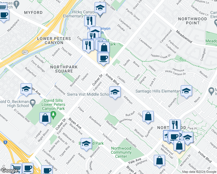 map of restaurants, bars, coffee shops, grocery stores, and more near 11 Milazzo in Irvine