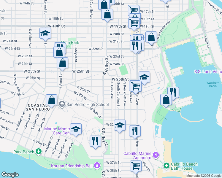 map of restaurants, bars, coffee shops, grocery stores, and more near 2701 South Peck Avenue in Los Angeles