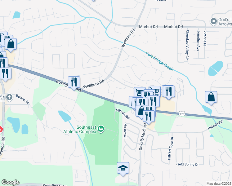 map of restaurants, bars, coffee shops, grocery stores, and more near 3044 Sherbourne Drive in Lithonia