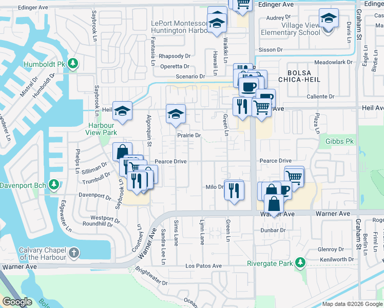 map of restaurants, bars, coffee shops, grocery stores, and more near 16702 Blanton Lane in Huntington Beach