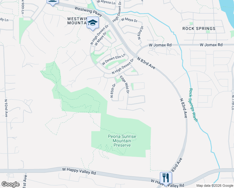 map of restaurants, bars, coffee shops, grocery stores, and more near 25950 North 84th Lane in Peoria
