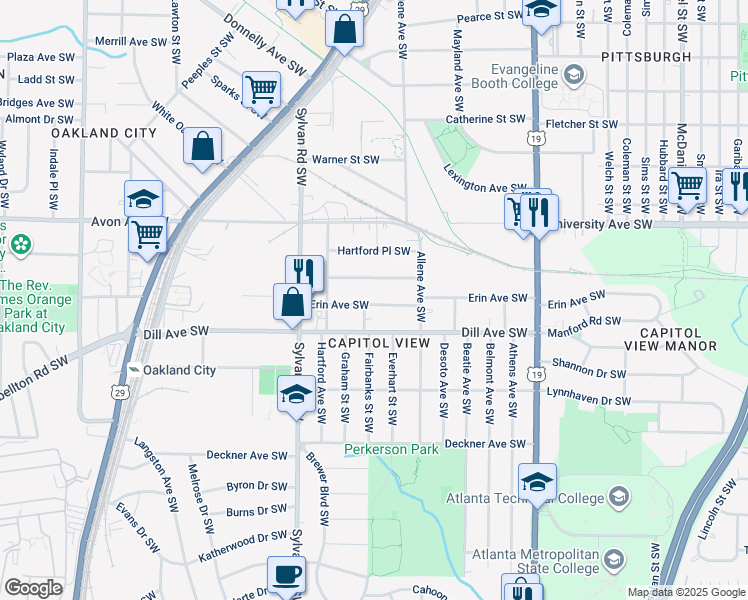 map of restaurants, bars, coffee shops, grocery stores, and more near 821 Erin Avenue Southwest in Atlanta