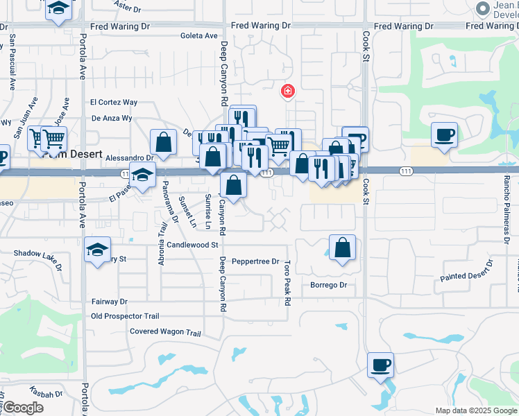 map of restaurants, bars, coffee shops, grocery stores, and more near 74675 California 111 in Palm Desert