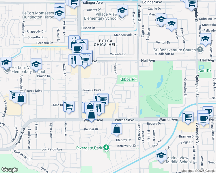 map of restaurants, bars, coffee shops, grocery stores, and more near 5271 Pearce Drive in Huntington Beach