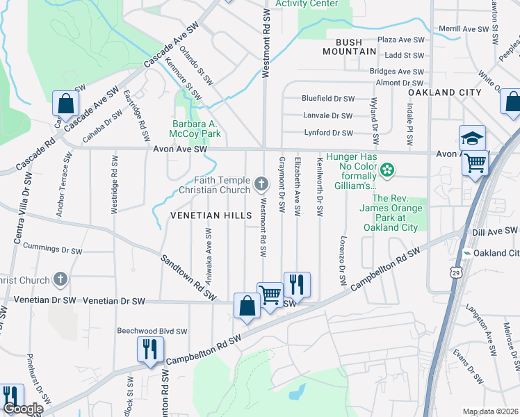 map of restaurants, bars, coffee shops, grocery stores, and more near 1295 Westmont Road Southwest in Atlanta