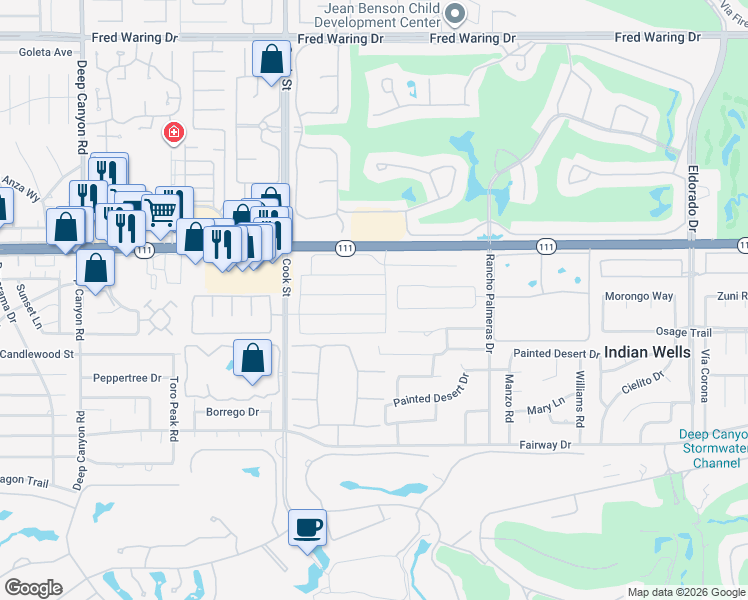 map of restaurants, bars, coffee shops, grocery stores, and more near 75213 Hancock Place in Indian Wells
