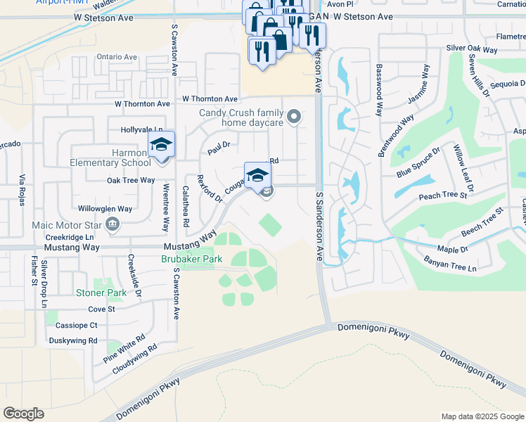 map of restaurants, bars, coffee shops, grocery stores, and more near 3401 Mustang Way in Hemet