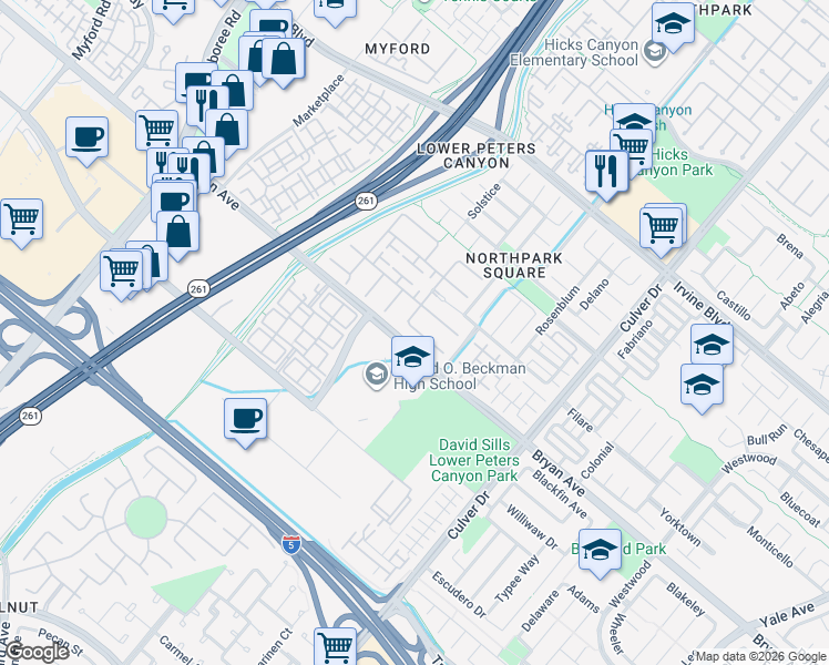 map of restaurants, bars, coffee shops, grocery stores, and more near 20 Saintsbury in Irvine