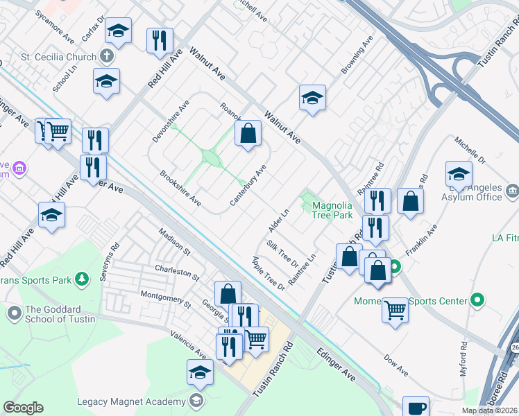 map of restaurants, bars, coffee shops, grocery stores, and more near 14712 Danborough Road in Tustin