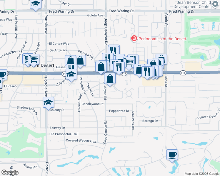 map of restaurants, bars, coffee shops, grocery stores, and more near 45278 Deep Canyon Road in Palm Desert