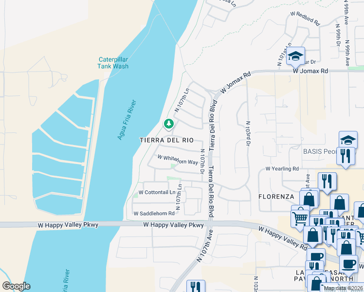 map of restaurants, bars, coffee shops, grocery stores, and more near 10764 West Prickly Pear Trail in Peoria