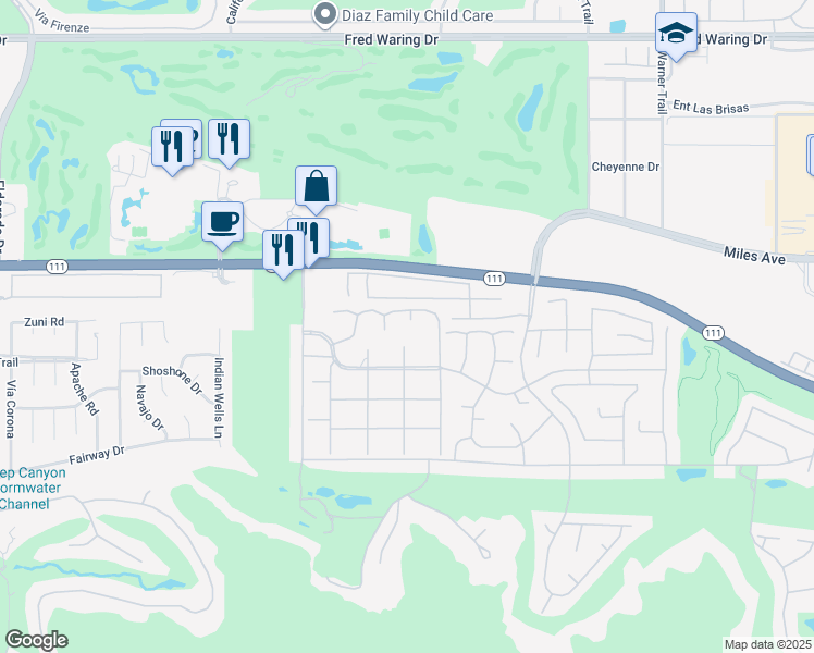 map of restaurants, bars, coffee shops, grocery stores, and more near 76915 Roadrunner Drive in Indian Wells