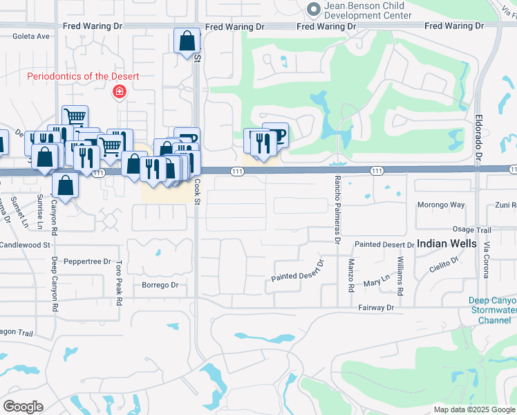 map of restaurants, bars, coffee shops, grocery stores, and more near 75262 Montecito Drive in Indian Wells