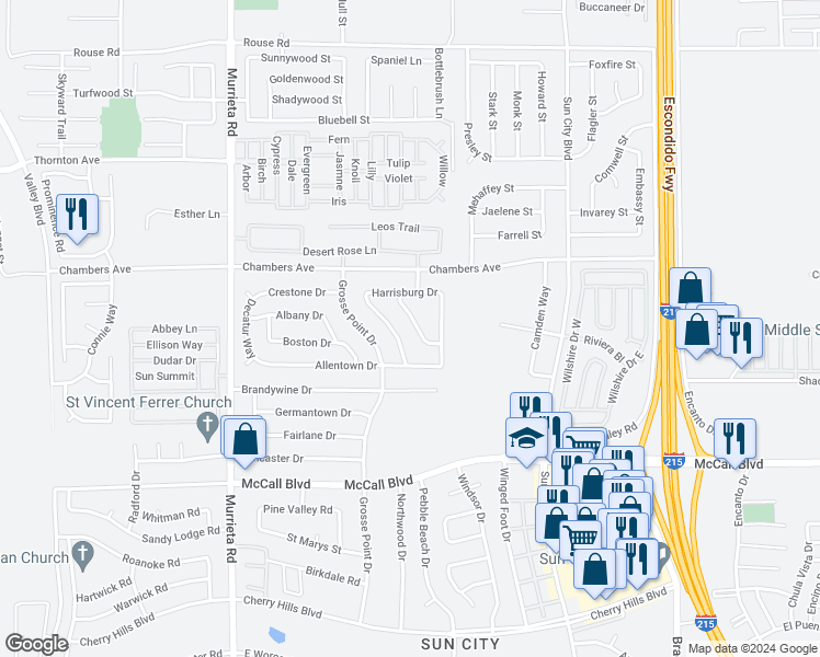 map of restaurants, bars, coffee shops, grocery stores, and more near 27661 Sandtrap Drive in Menifee