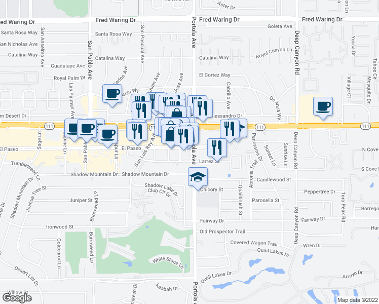 map of restaurants, bars, coffee shops, grocery stores, and more near 73995 El Paseo in Palm Desert
