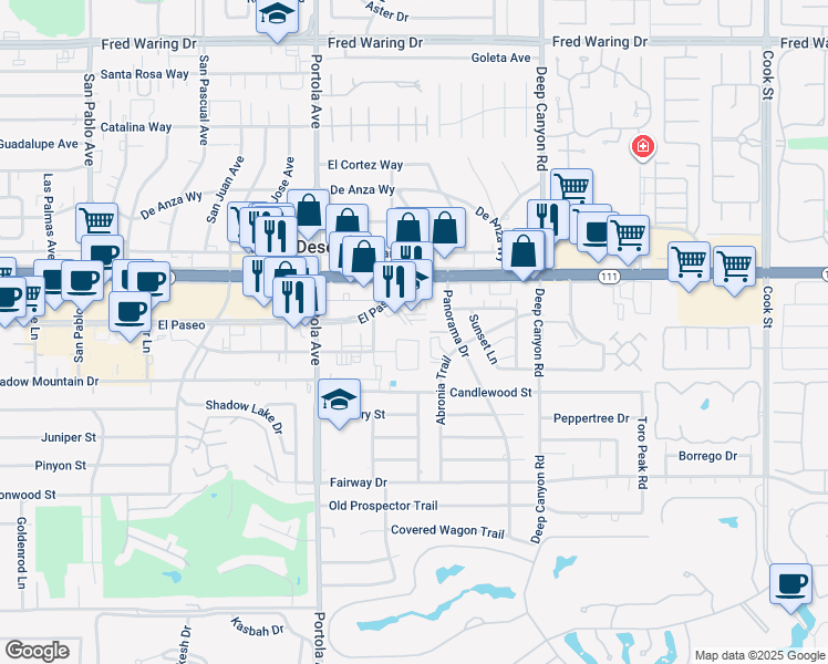map of restaurants, bars, coffee shops, grocery stores, and more near 45374 Garden Square in Palm Desert