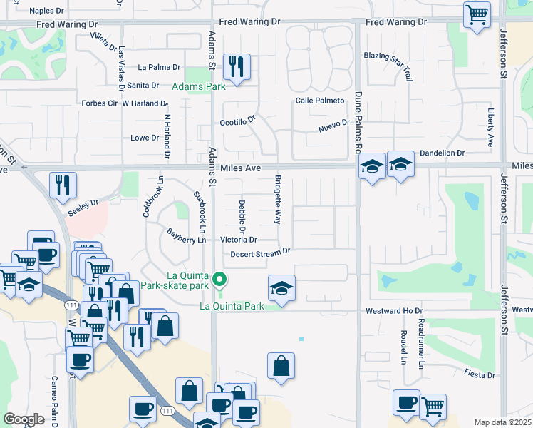 map of restaurants, bars, coffee shops, grocery stores, and more near 79225 Laurie Court in La Quinta
