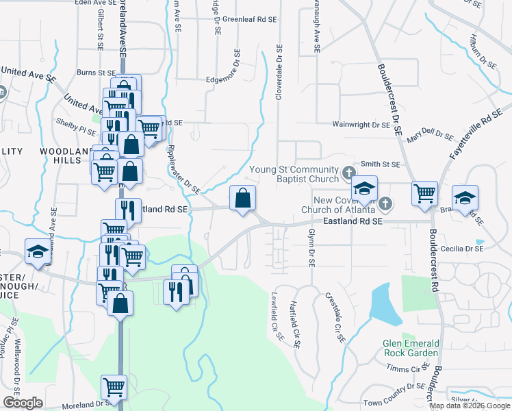 map of restaurants, bars, coffee shops, grocery stores, and more near 1400 Eastland Road Southeast in Atlanta