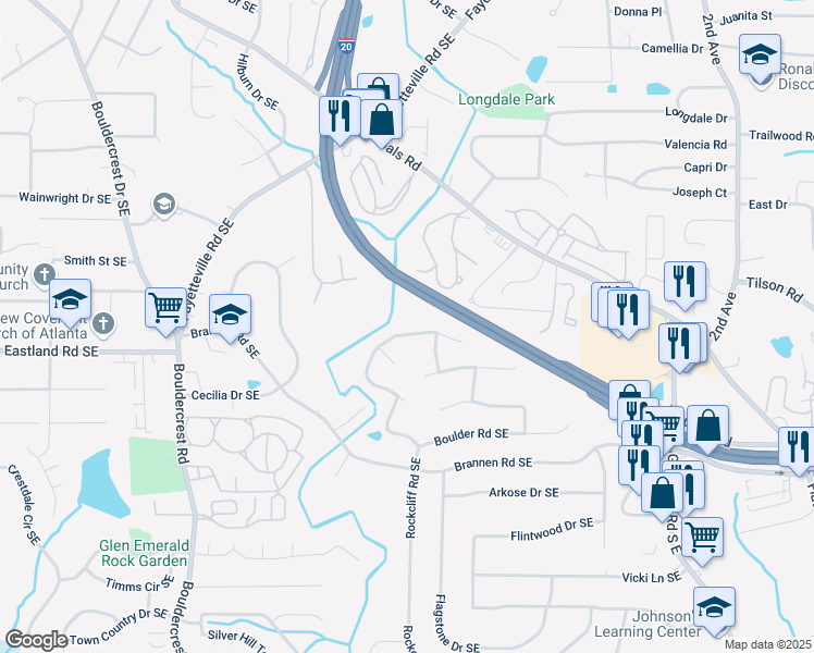 map of restaurants, bars, coffee shops, grocery stores, and more near 2373 Bouldercliff Way Southeast in Atlanta