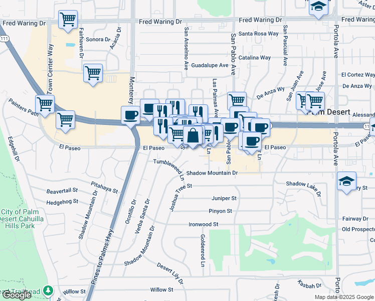 map of restaurants, bars, coffee shops, grocery stores, and more near 73260 El Paseo in Palm Desert