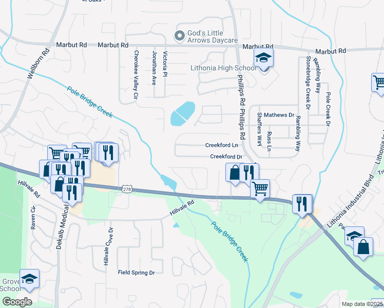 map of restaurants, bars, coffee shops, grocery stores, and more near 6212 Creekford Drive in Lithonia