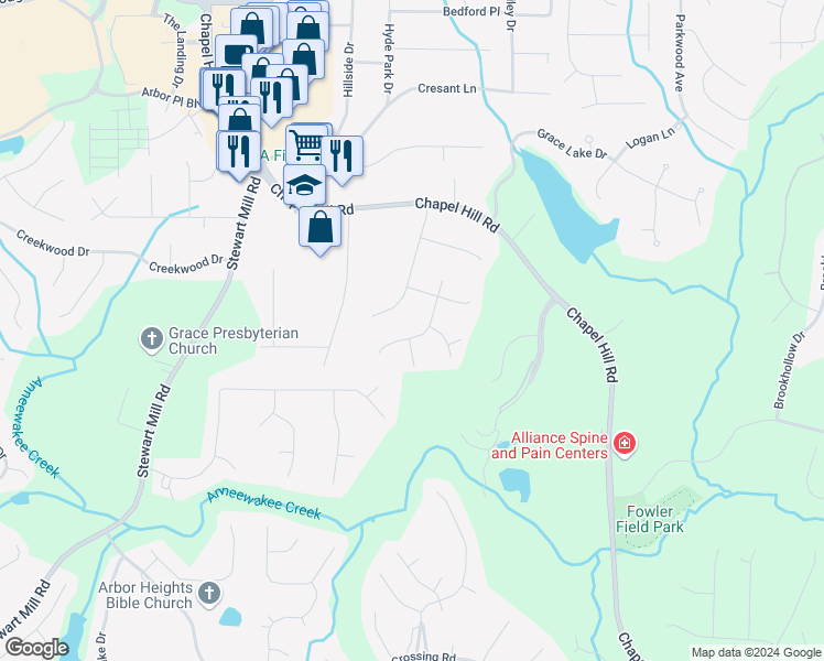 map of restaurants, bars, coffee shops, grocery stores, and more near 3141 North Woods Trail in Douglasville