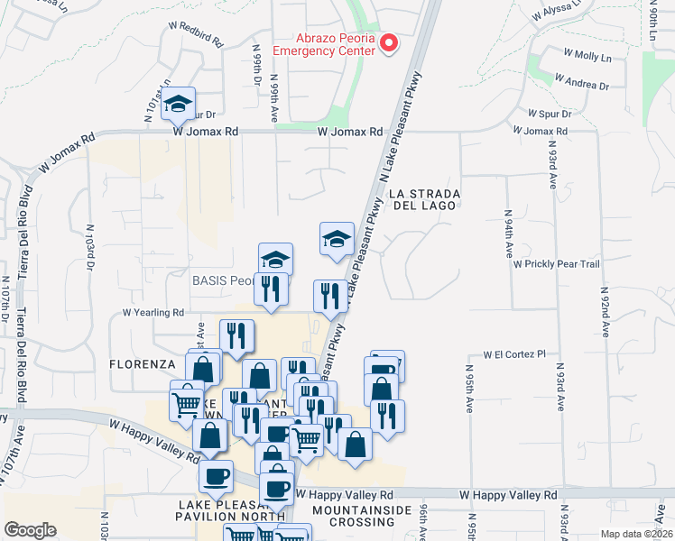 map of restaurants, bars, coffee shops, grocery stores, and more near 9902 West Yearling Road in Peoria