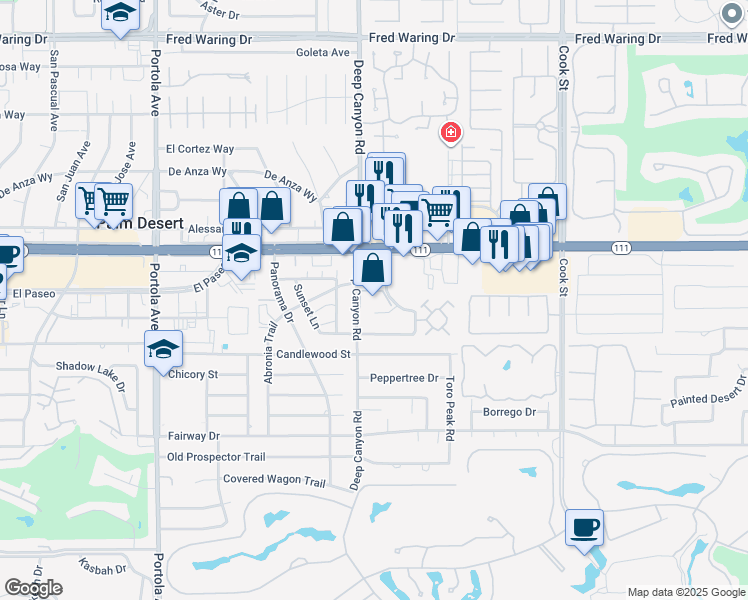 map of restaurants, bars, coffee shops, grocery stores, and more near 74672 Shadow Hills Road in Palm Desert